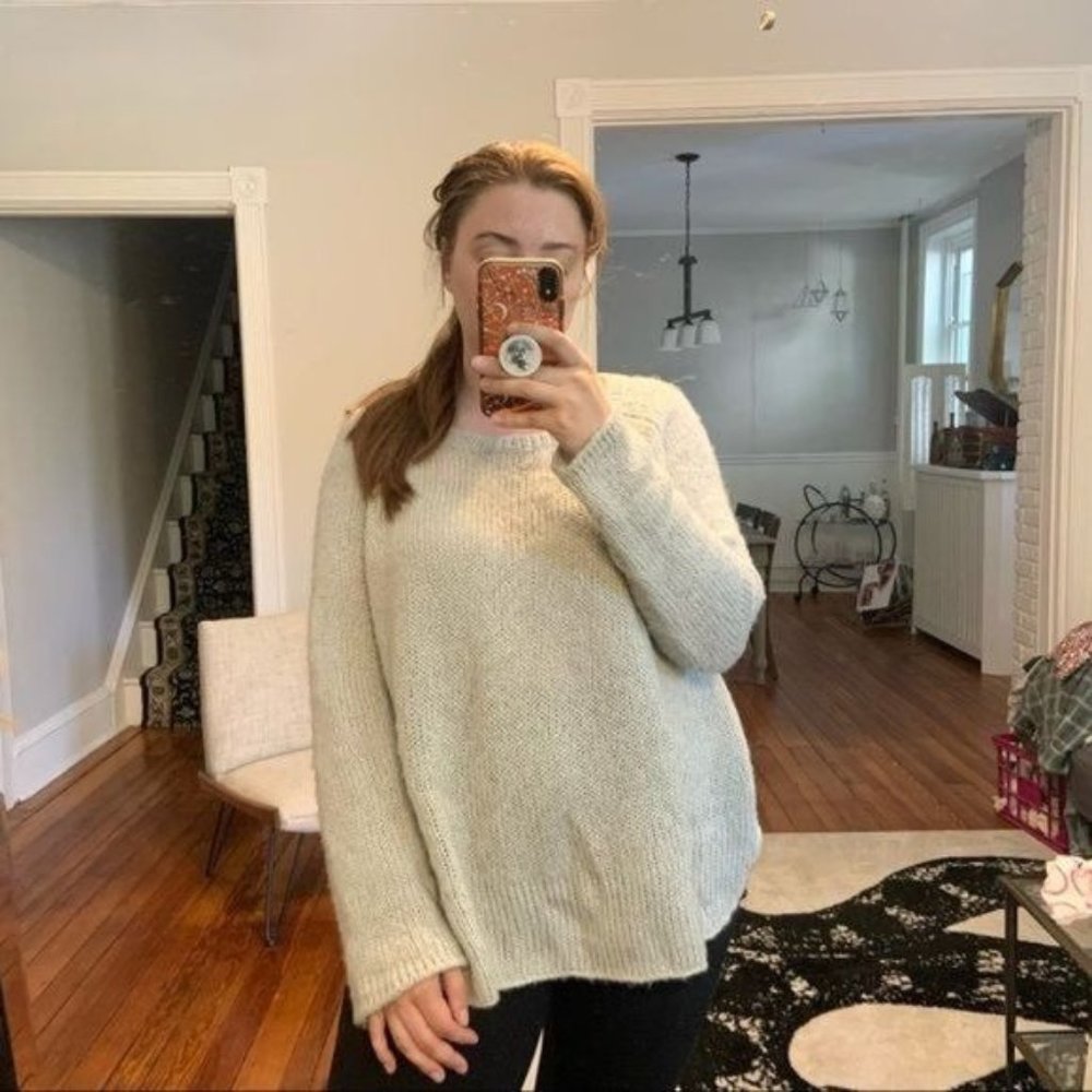 WOODEN SHIPS WIDE NECK MOHAIR WOOL SPLIT DOLPHIN HEM OVERSIZED SWEATER M/L GREY